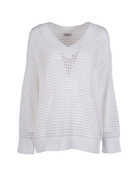 Shop BRUNELLO CUCINELLI  Pullover: Brunello Cucinelli Dazzling Net sweater in cotton.
V-neck.
Shoulder lowered.
Ribbed knit cuffs and bottom.
Mesh work.
Composition: 96% COTTON, 4% POLYESTER.
Made in Italy.. MDV796802-CJ159